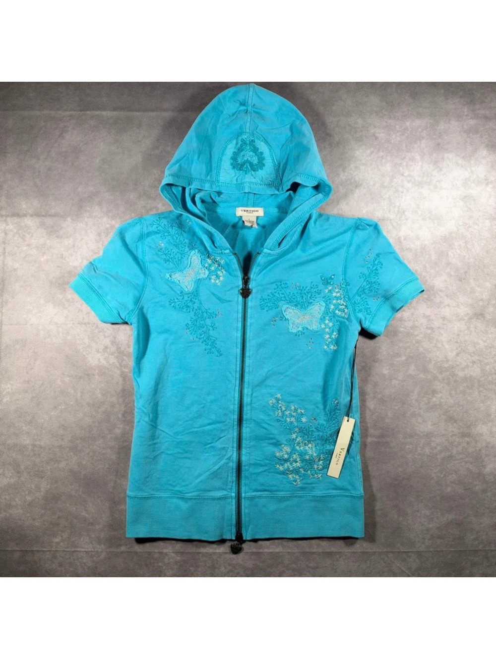 NWT Vertigo Paris Y2K Short Sleeve Full Zip Hoodie Blue Butterfly Embroidered S